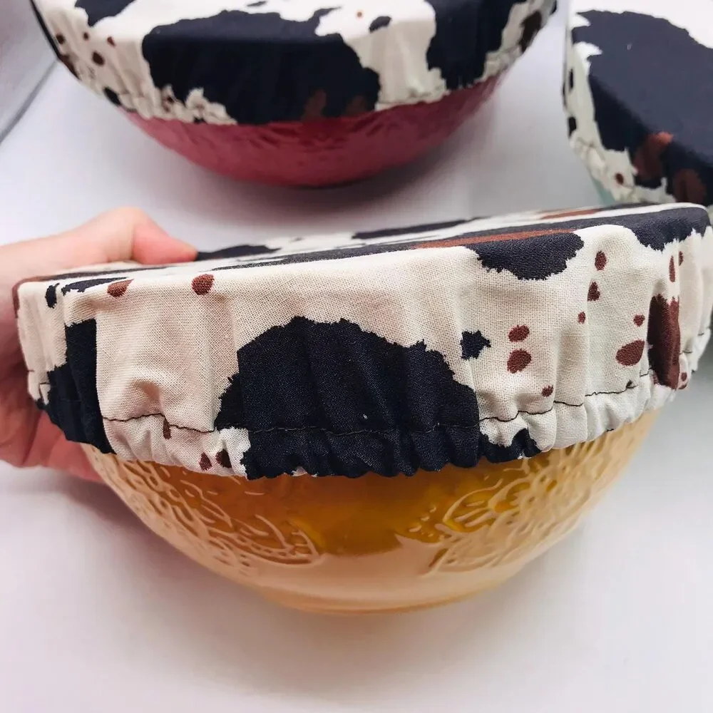Cotton Bowl Cover For Sourdough, 3 Pc Set, Reusable Washable Cow Print Brown